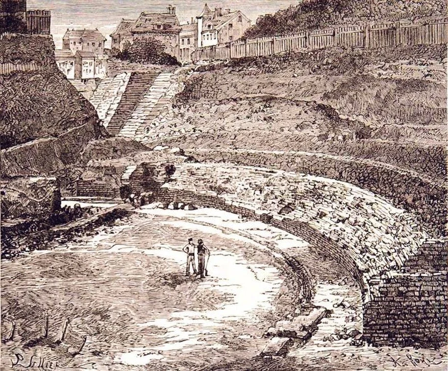 A sepia-toned drawing of a river with a brick wall along the edge, two people walking near the water, houses on a hill in the background, and trees along the top of the hill.