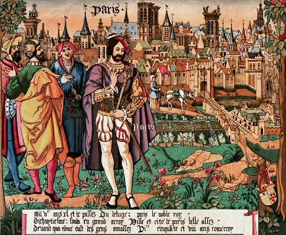 Historic illustration of a nobleman with a cape, surrounded by courtiers, in front of a medieval cityscape labeled "Paris" with castles, churches, and city walls, and a lush garden in the foreground.