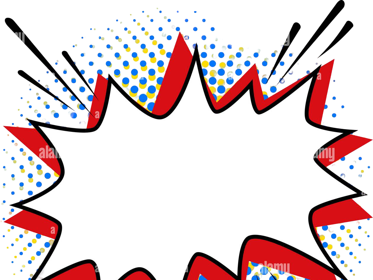 A comic-style explosion shape with a blank white center, red and black jagged edges, and a colorful, circuit-like patterned background.