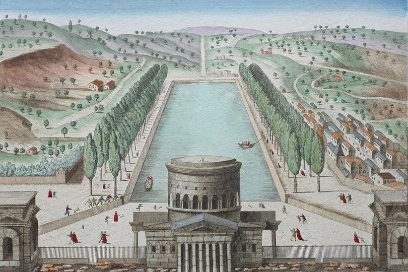 Historical illustration depicting a large rectangular canal with water, lined with tall trees on both sides, with hills and small houses in the background, and a group of people walking along the canal and near the gate in the foreground.