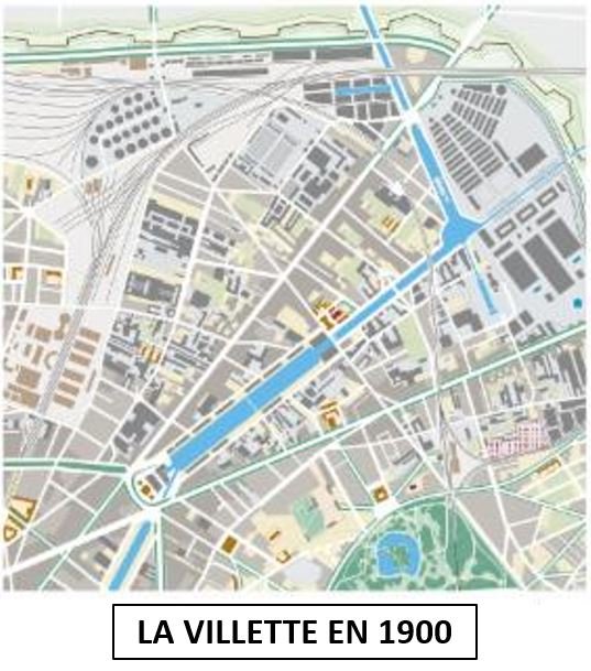 Map of La Villette in 1900 showing streets, water bodies, and buildings in the area.