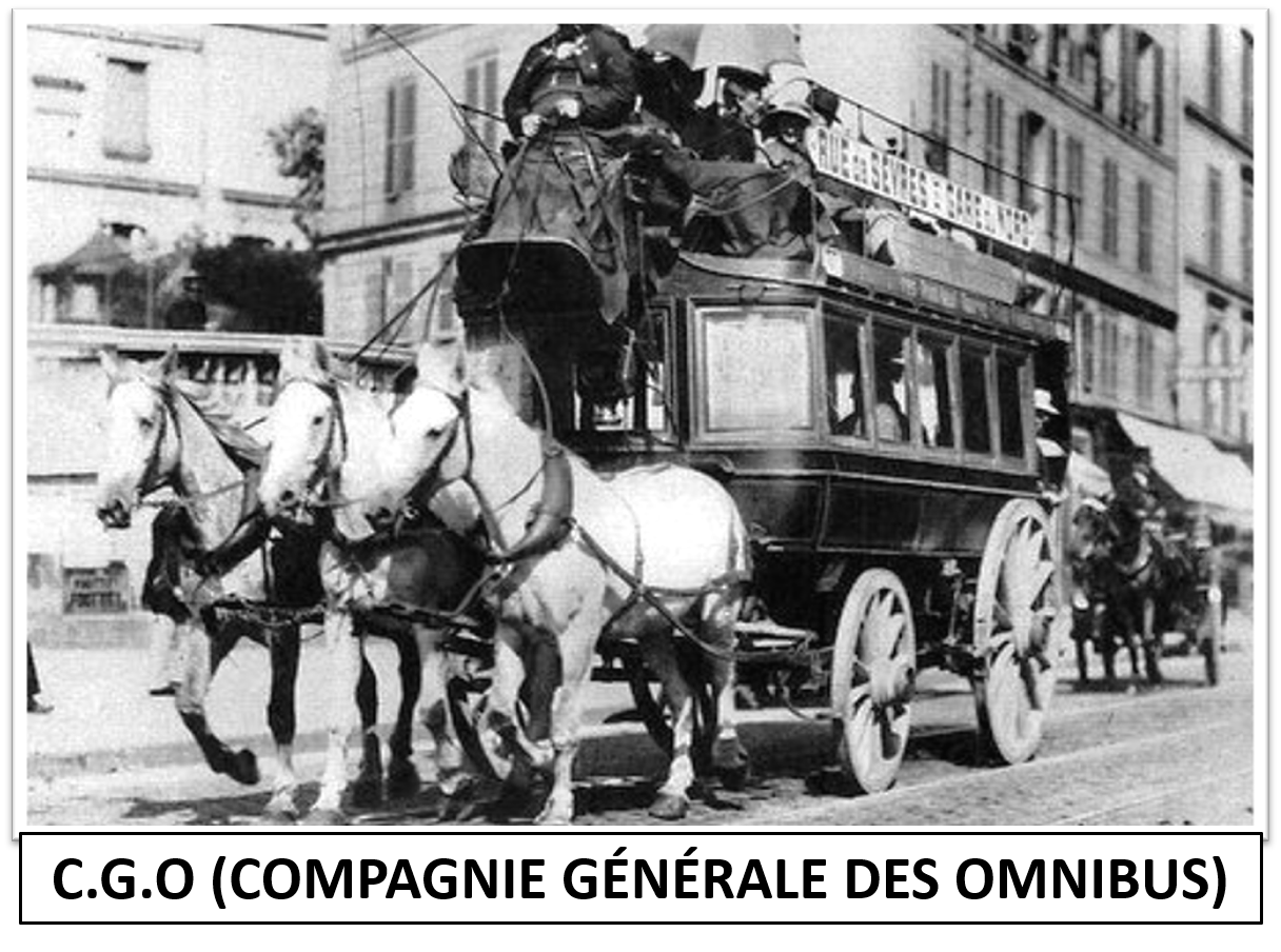 Historical black and white photo of a horse-drawn bus operated by C.G.O (Compagnie Générale des Omnibus) on a city street, with buildings in the background.