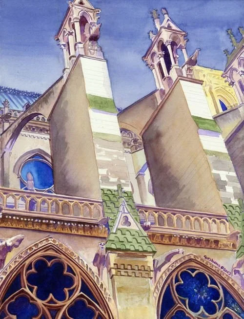 Painting of a Gothic-style cathedral with high towers, arched windows, and intricate architectural details.