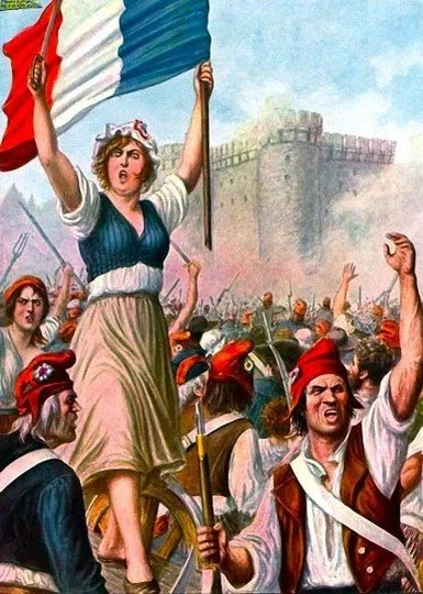 A woman leading a demonstration, holding a French flag, surrounded by a large group of people. Some are raising their fists, and there is a castle in the background.