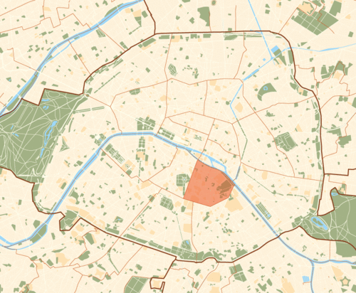 A city map highlighting a central neighborhood with a reddish overlay, surrounded by roads, water bodies, and parks.