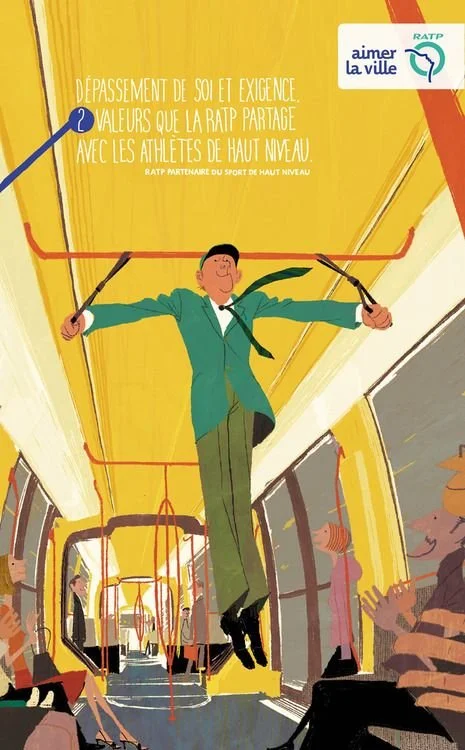Illustration of a man in a suit doing an aerial exercise using straps inside a bus, with passengers watching and clapping.