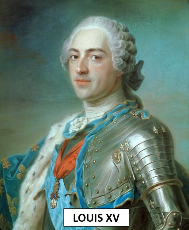 Portrait of Louis XV in military uniform with armor, wearing a blue and gold sash, and a medal on his chest, against a plain background.
