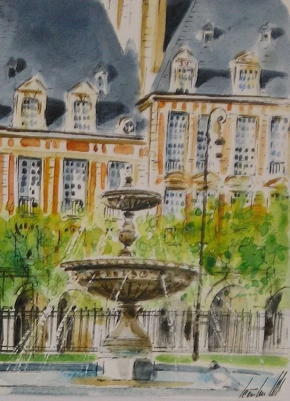 Watercolor painting of a city park with a large ornate fountain in the foreground, surrounded by green trees and a historic building with a gray roof and dormer windows in the background.