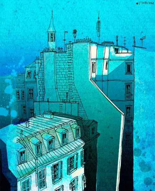 Illustration of city buildings with rooftops, chimneys, and antennas against a blue sky background.