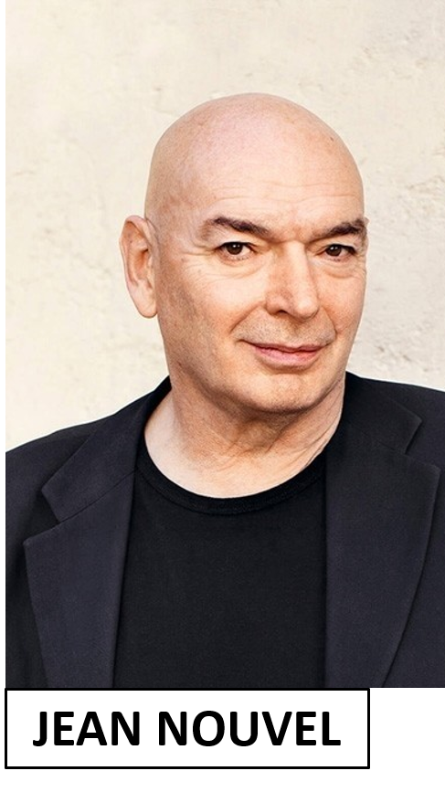 Bald man with light skin in a black blazer and black shirt, smiling slightly, against a plain light background. Text at the bottom reads 'JEAN NOUVEL'.