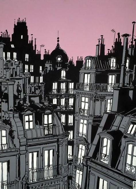 Illustration of Parisian rooftops with illuminated windows and a pink evening sky.