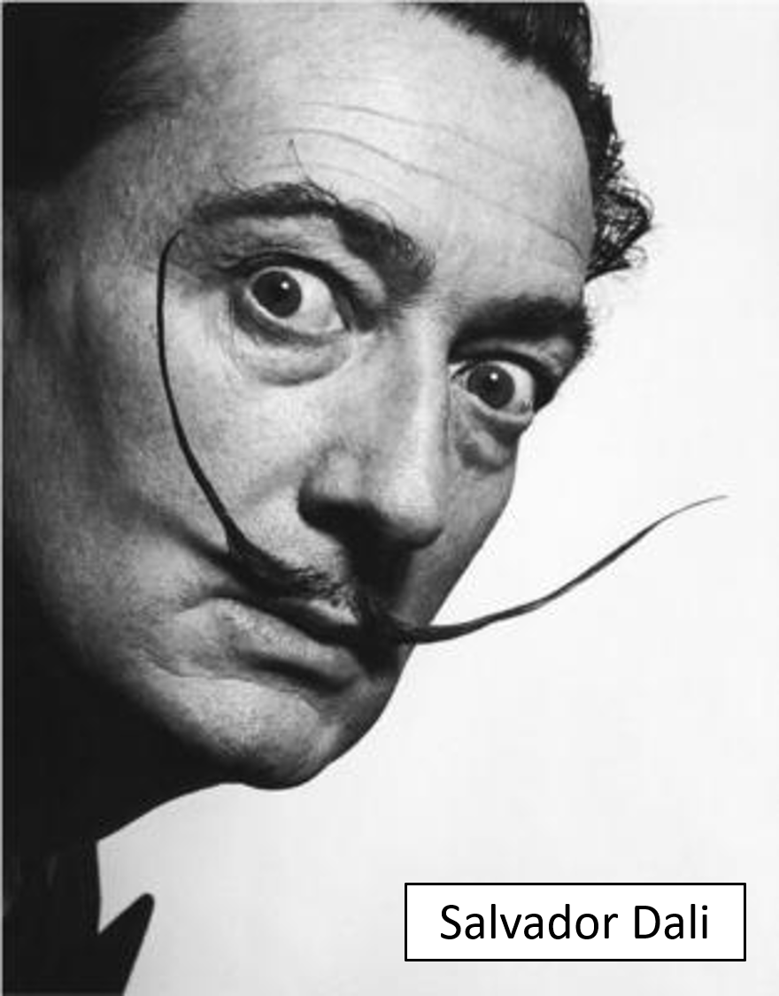 Black and white portrait of Salvador Dali with his distinctive mustache and wide-eyed expression, labeled with his name.