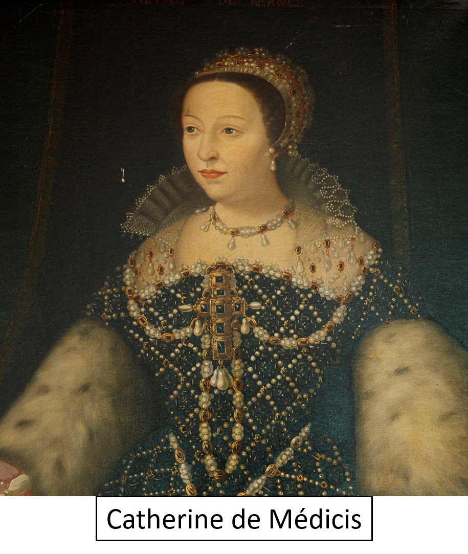 A historical portrait of a woman wearing an ornate, gem-encrusted dress decorated with pearls and gold jewelry, with a dark background.