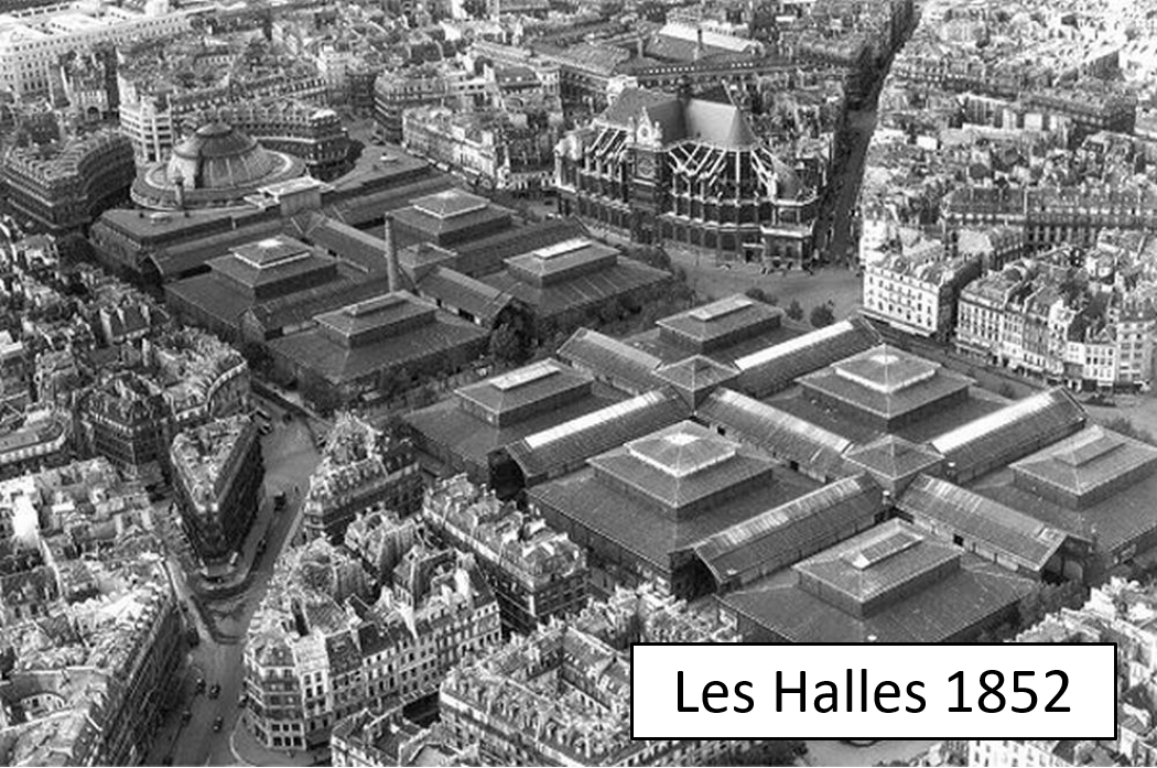 Aerial view of Les Halles market in Paris, France, in 1852, with large industrial-style buildings with pitched roofs, surrounded by Haussmann-style cityscape.