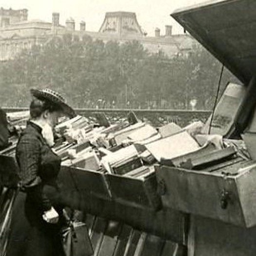 A woman wearing a hat looks through a large open chest filled with books, parked outdoors with trees and buildings in the background.