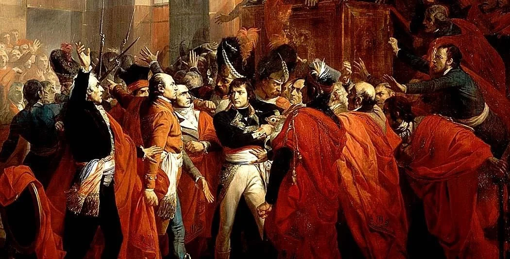 A historical painting depicting a heated scene with many men dressed in 19th-century attire, some raising their arms and others engaging in confrontations, set in an indoor setting with rich red clothing and dark background.