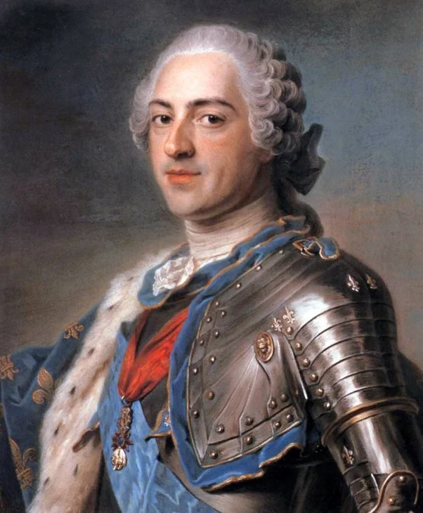 Portrait of a man in 18th-century military armor, with a wig, wearing a blue sash and medals.