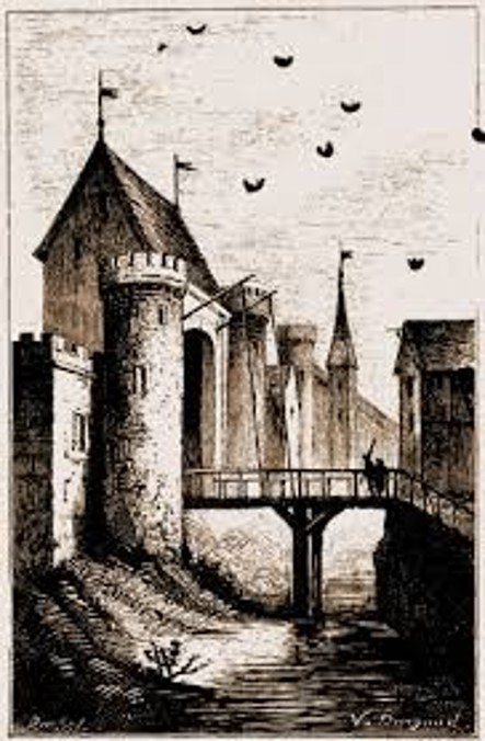 A black and white drawing of a medieval castle with towers and a bridge over a river, with birds flying in the sky.