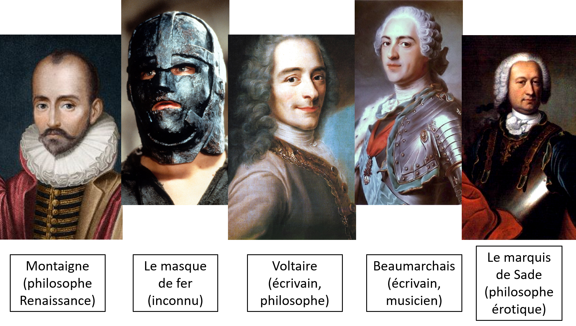 Collage of five historical portraits of prominent figures from European history, including a man with a ruffled collar and red cloak, a person wearing a dark helmet with face paint, a man with long curly hair in historical attire, a man in armor with