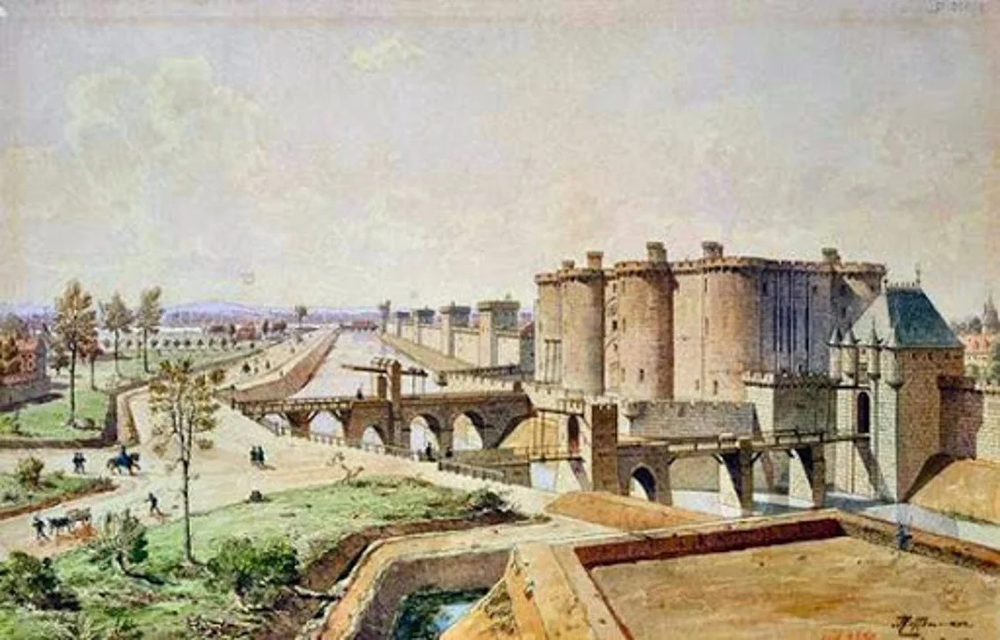 A watercolor painting of a medieval castle with thick stone walls and round towers, situated along a fortified city wall, with a bridge and trees nearby, in a historical European setting.
