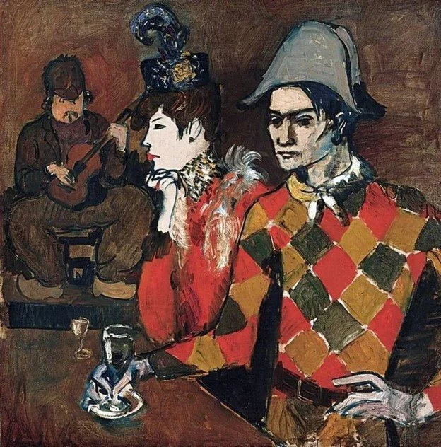 Painting of three people at a table, with two in the foreground dressed as clowns and a musician in the background, holding a guitar.