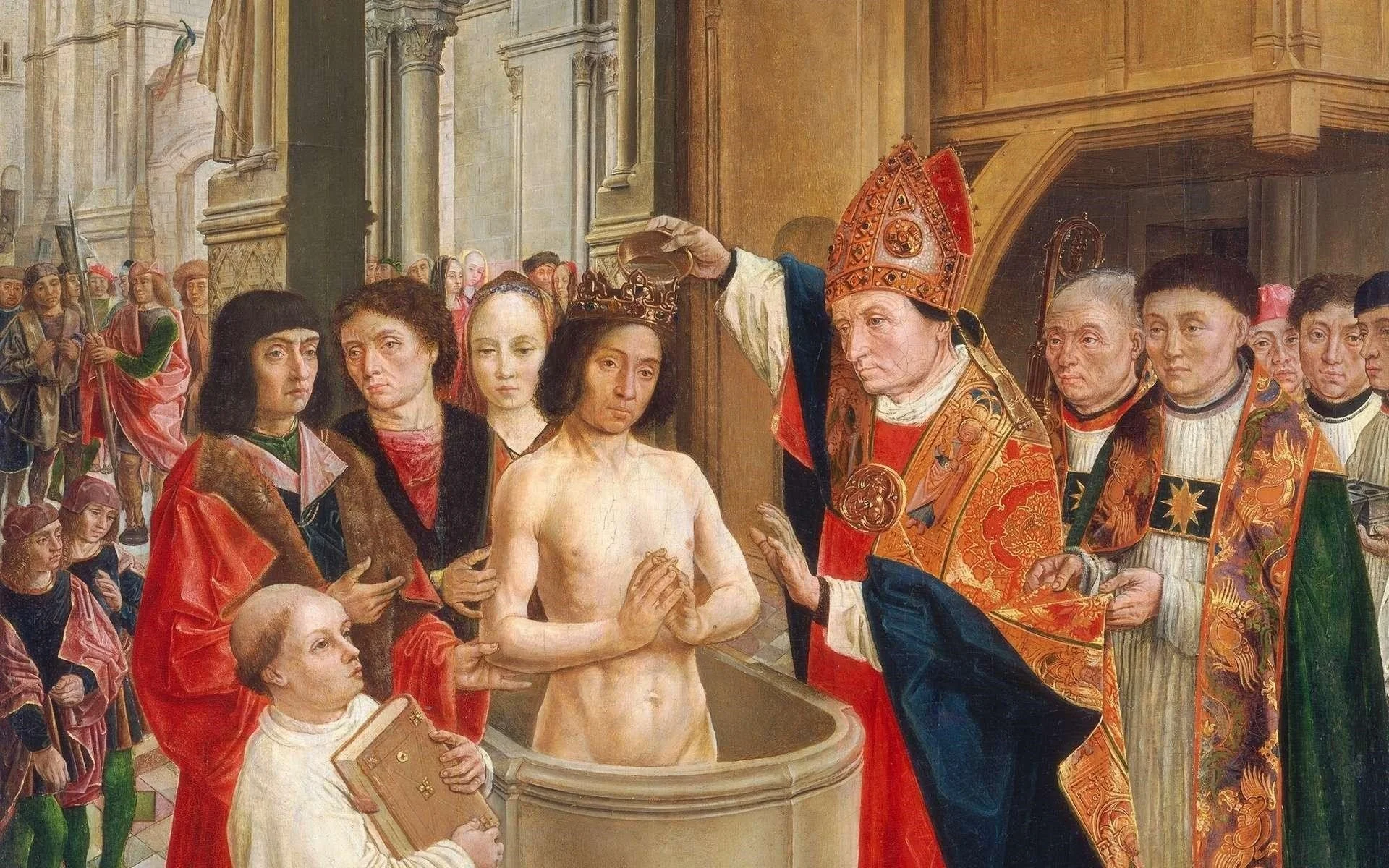 A religious baptism ceremony with a priest pouring water over a woman’s head in a church, surrounded by clergy, individuals, and a crowd of onlookers.