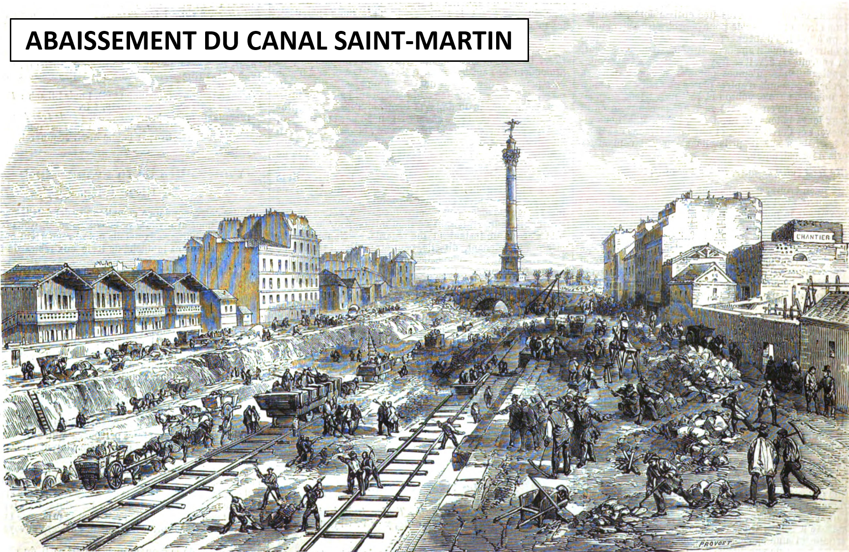 Historical black-and-white illustration of the Saint Martin Canal in Paris, showing construction work with many workers, carts, horses, and buildings along the canal, with a tall monument and cloudy sky in the background.