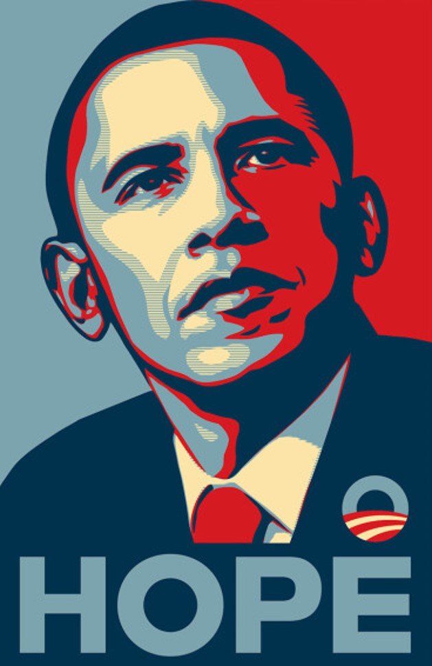 A stylized portrait of Barack Obama in red, blue, and beige tones, with the word 'HOPE' in large letters below and a small campaign logo featuring a stylized 'O' with red and white stripes.