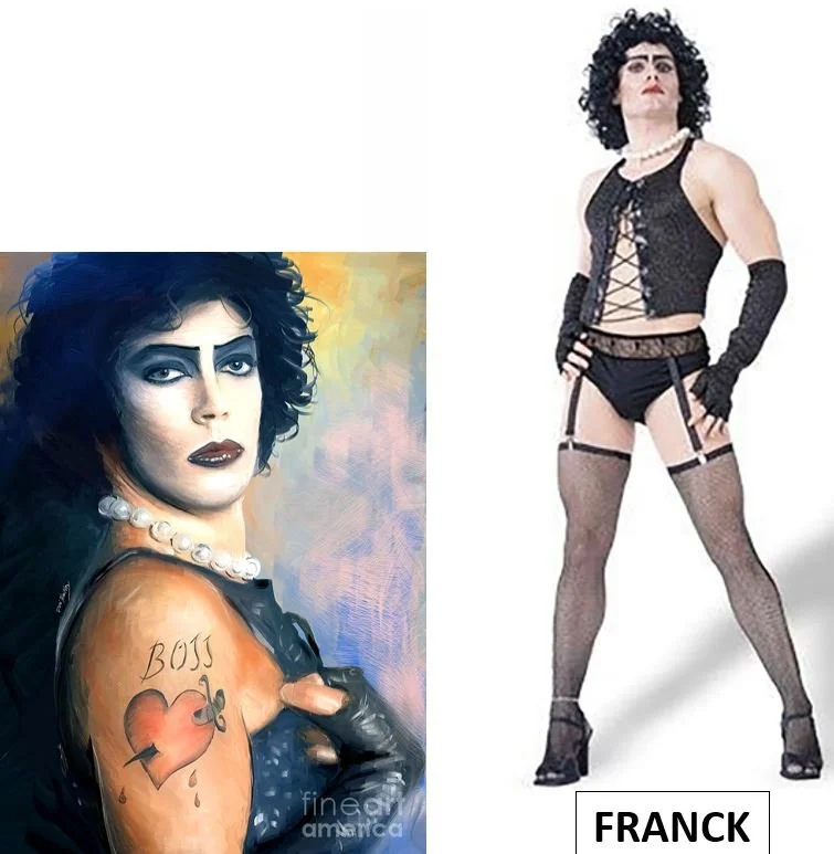 Side-by-side images of a person dressed as Freddie Mercury. The left image is a stylized painting of Freddie Mercury with dark curly hair, a pearl necklace, and a tattoo on the shoulder that says 'BO$$'. The right image shows a person in a punk-inspi