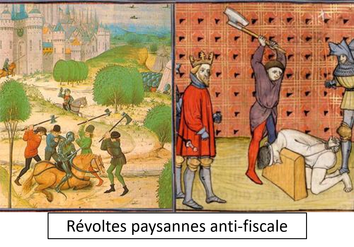 Medieval artwork depicting a battle scene on the left and an interrogation scene on the right.
