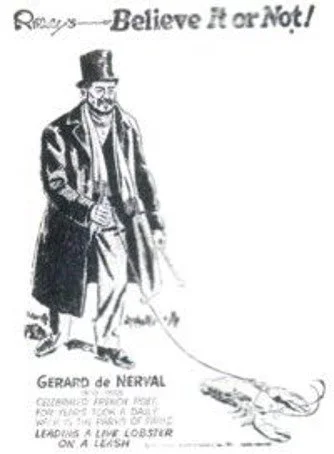 A historical cartoon showing a man in a top hat and coat with a leash, holding a long leash attached to a lobster, with textual caption "Believe it or Not!"