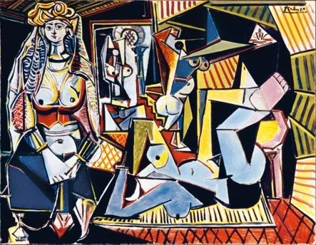 Cubist style painting depicting a woman with long hair and a crown, seated at a table with a man wearing a hat. The scene includes various abstract shapes and objects, with a window in the background.