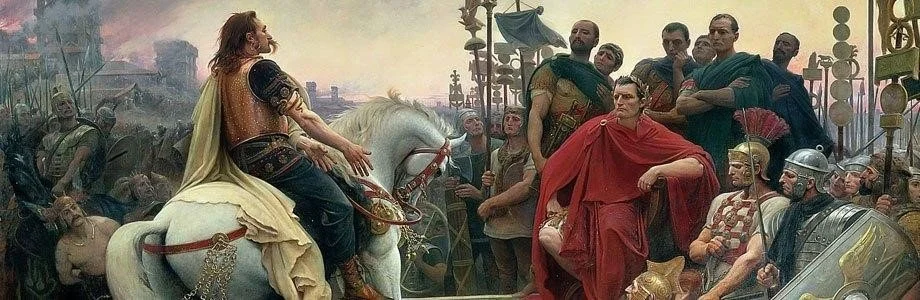 A scene from ancient Rome depicting a woman on horseback addressing a group of Roman soldiers and officials.