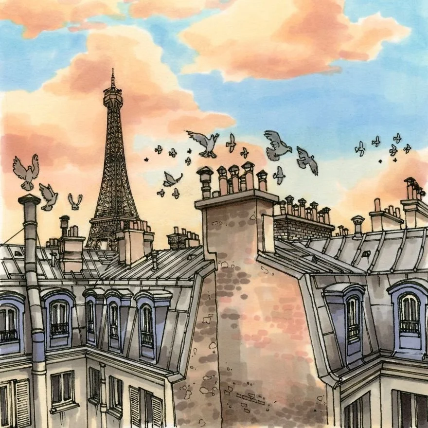 Illustration of Paris rooftops with chimneys and the Eiffel Tower in the background against a colorful sunset sky, with birds flying.