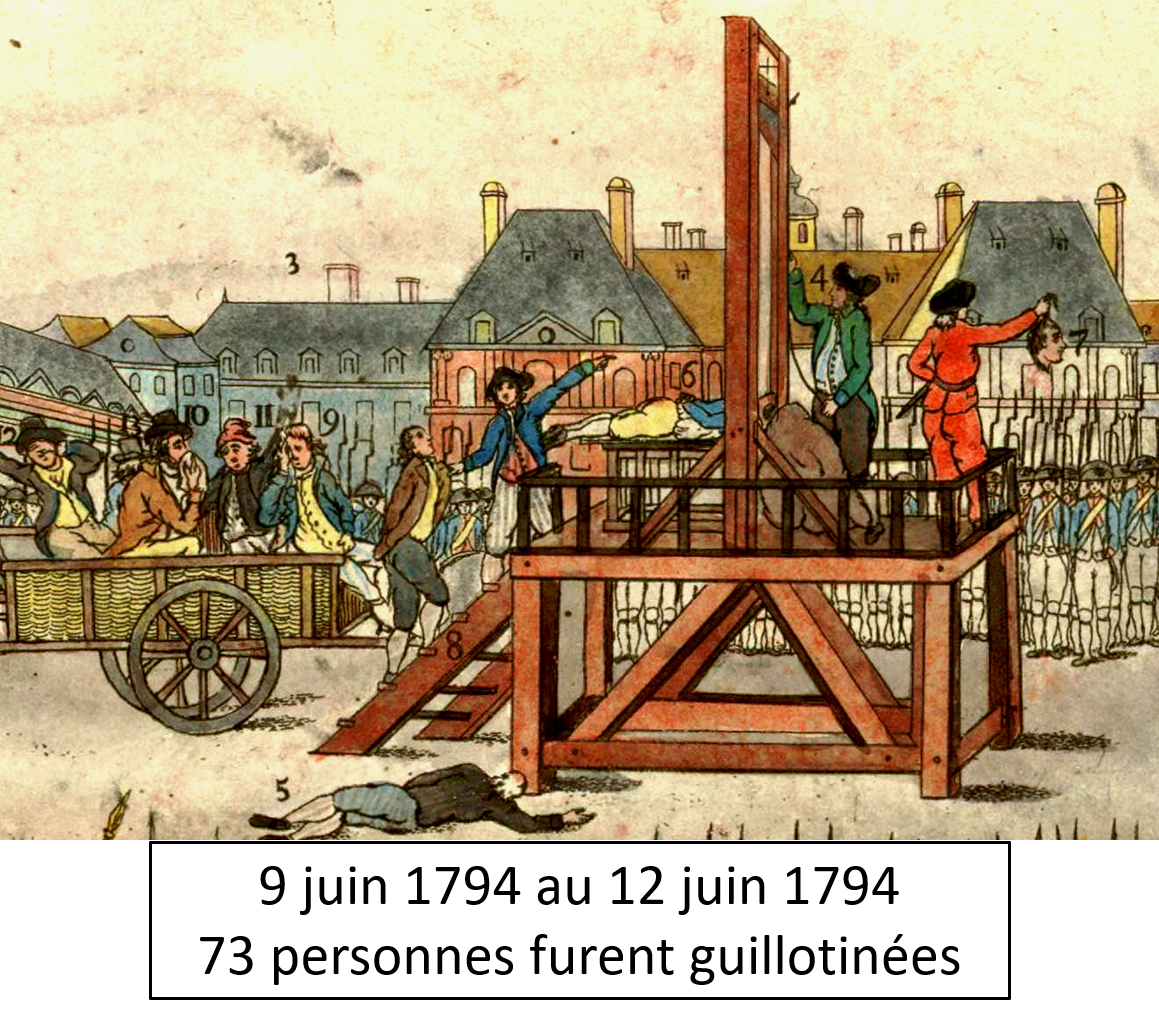 A historical execution scene with a gallows in the center, a woman protesting on a platform, and onlookers gathered around, including a man lying face down on the ground. The background shows buildings and a cloudy sky.