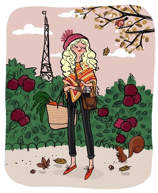 A cartoon illustration of a woman with long curly blonde hair, wearing a red beret, striped sweater, black pants, and red shoes, standing outdoors with bushes of red raspberries, a squirrel, falling leaves, and the Eiffel Tower in the background on a cloudy day.