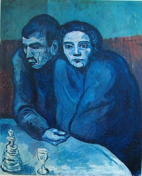 A painting of a man and woman sitting at a table with a chess piece and a glass, both looking serious, using blue tones.