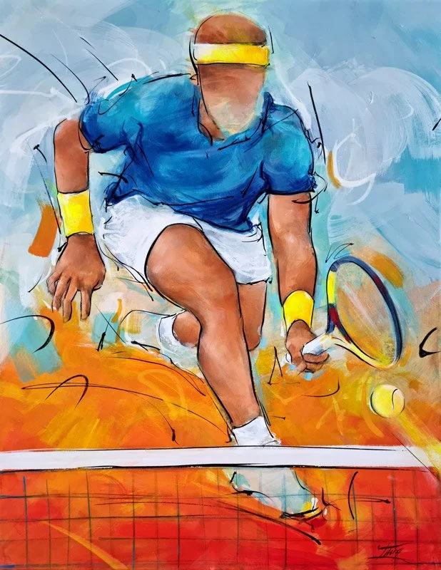 Painting of a male tennis player in a blue shirt and white shorts, wearing yellow wristbands and a yellow visor, hitting a tennis ball at the net.