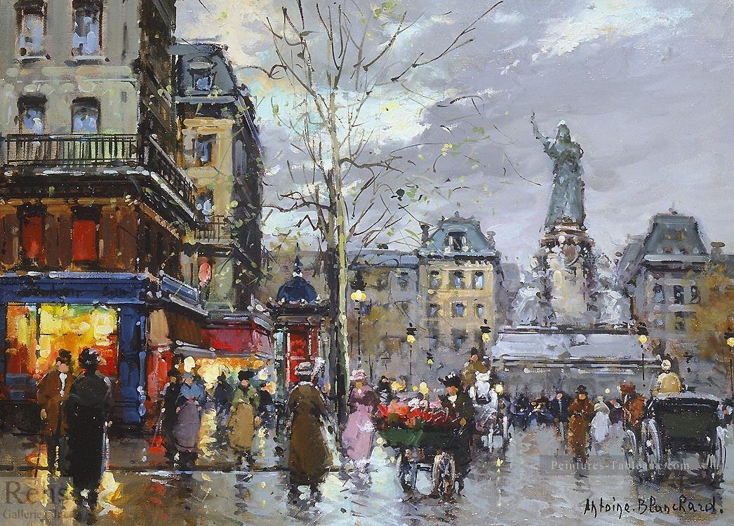 A busy city street scene painted in a Impressionist style, showing pedestrians walking on a wet sidewalk, horse-drawn carriages, and buildings with lit storefronts. A statue on a pedestal is visible in the background, with cloudy sky overhead.