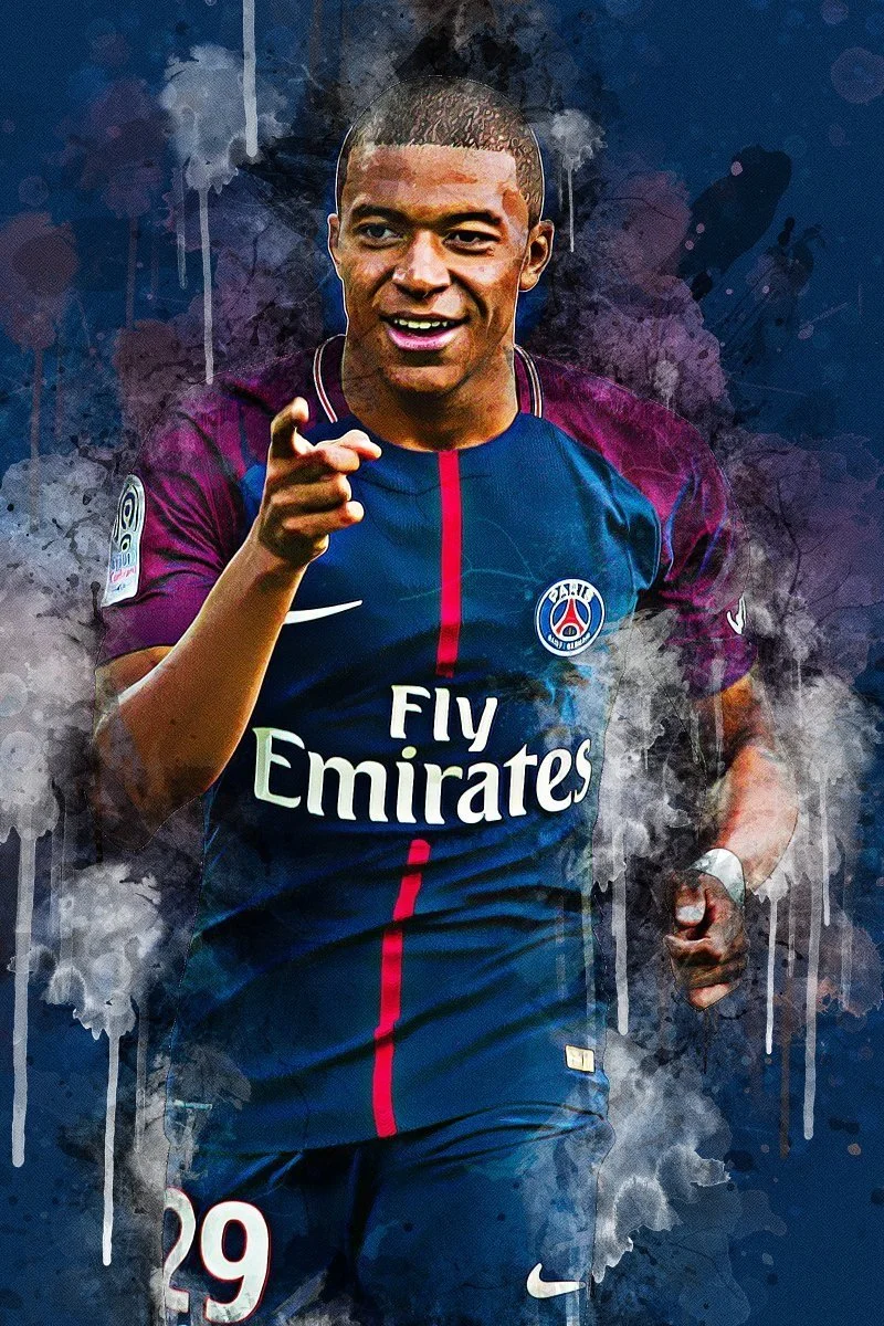 A digital artwork of a male soccer player wearing a Paris Saint-Germain jersey, smiling and pointing forward with a background of abstract dark blue and purple splashes.