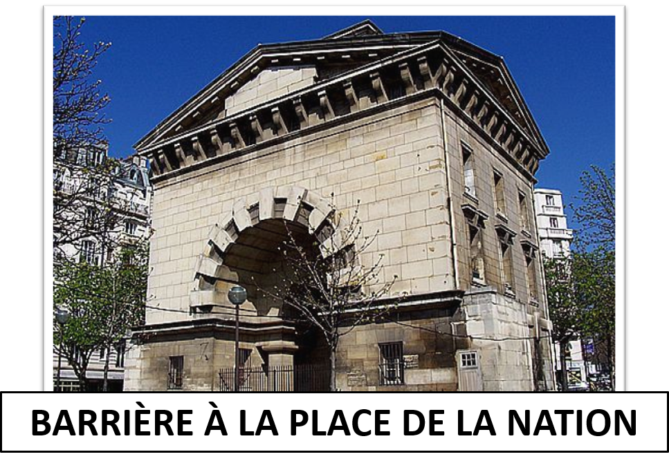 Photo of a historic stone building with a large archway entrance and classical architectural details, labeled 'Barrière à la Place de la Nation' in French; appears to be in a city with trees and modern buildings nearby.