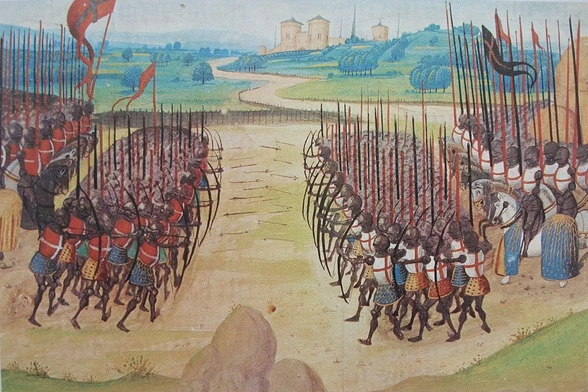 A historical painting depicting two groups of ancient Egyptian soldiers facing each other, armed with bows and arrows, on a dirt plain with a winding river and green hills in the background.