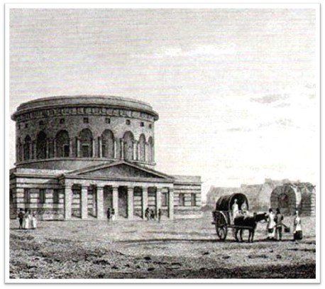 A historical black-and-white illustration of a round, neoclassical building with columns, a horse-drawn carriage, and people walking nearby.