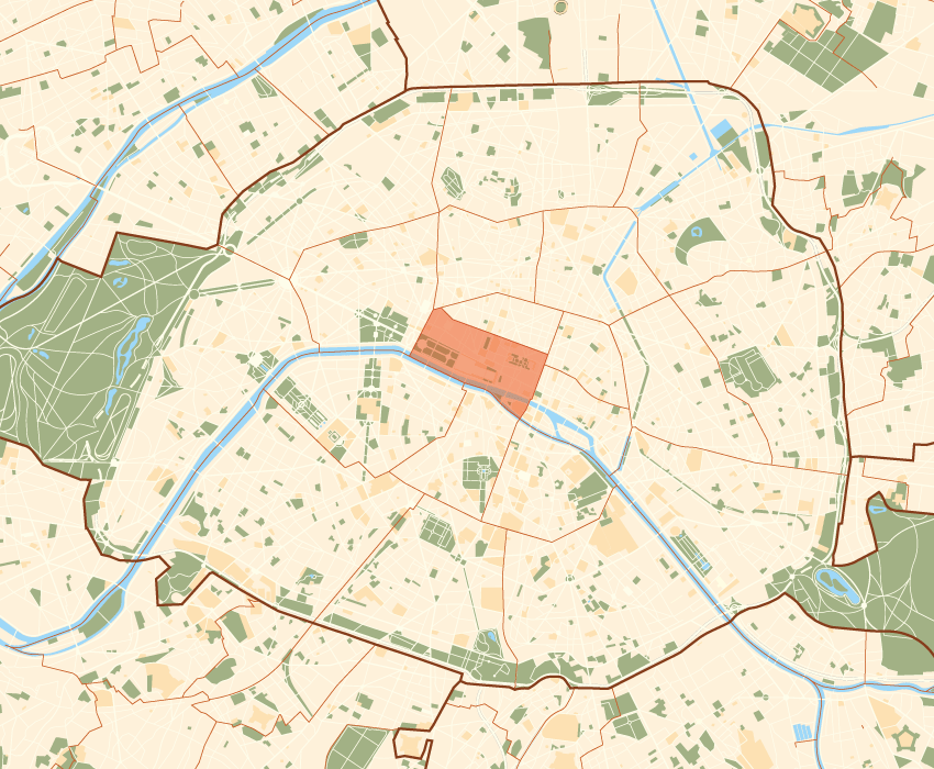 Map of a city with the downtown area highlighted in red, surrounding neighborhoods, green parks, rivers, and major roads.