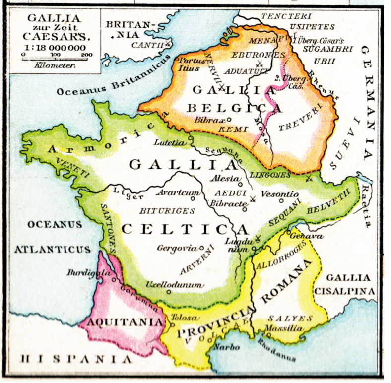 Historical map of Gallia during Julius Caesar's time, showing regions such as Gallia Belgica, Gallia Cisalpina, Gallia Narbonensis, and Aquitania, with surrounding ocean areas and neighboring territories.