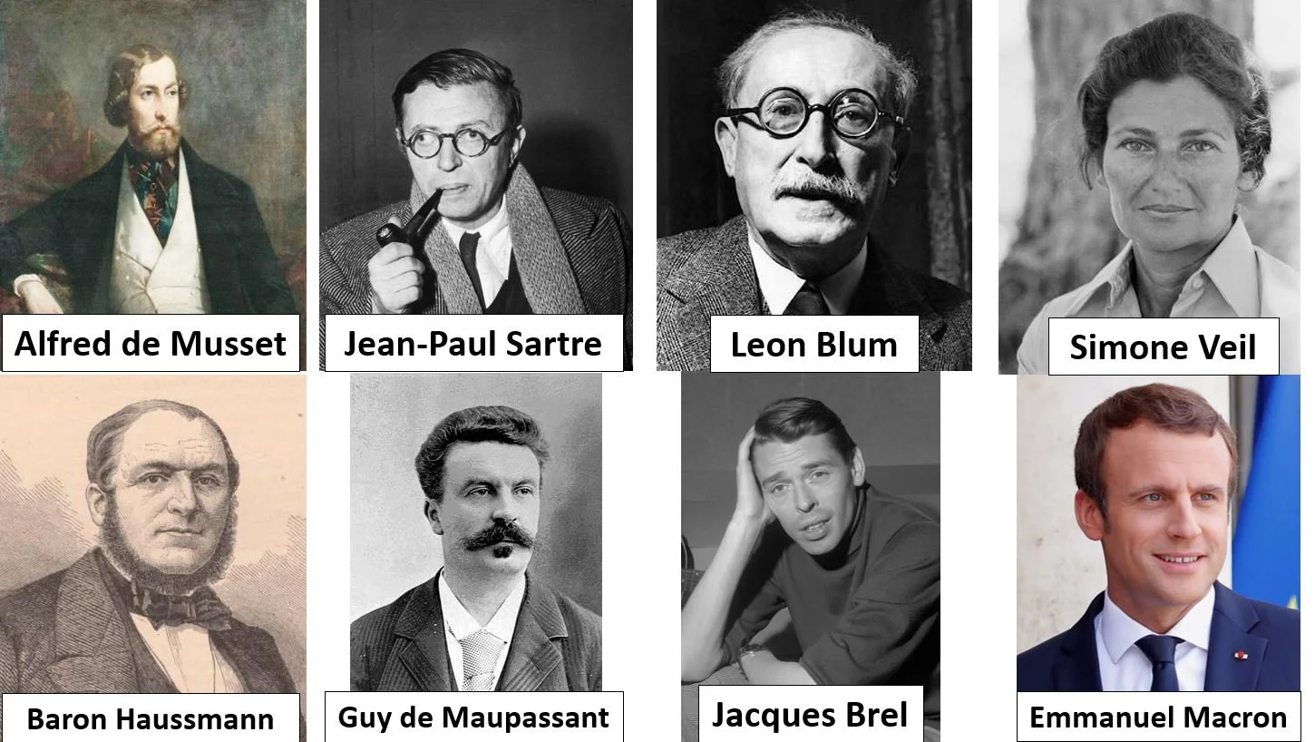 A collage of eight black and white and color photographs of influential historical and contemporary figures. Top row from left to right: Alfred de Musset, Jean-Paul Sartre, Leon Blum, and Simone Veil. Bottom row from left to right: Baron Haussmann, Guy de Maupassant, Jacques Brel, and Emmanuel Macron.