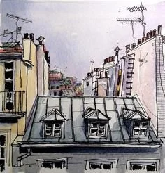 Watercolor painting of rooftops with chimneys and windows in a cityscape.