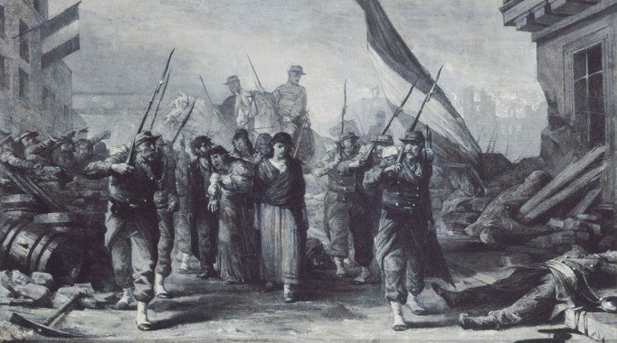 Black and white painting depicting Civil War soldiers marching and a woman walking among them in a destroyed cityscape.