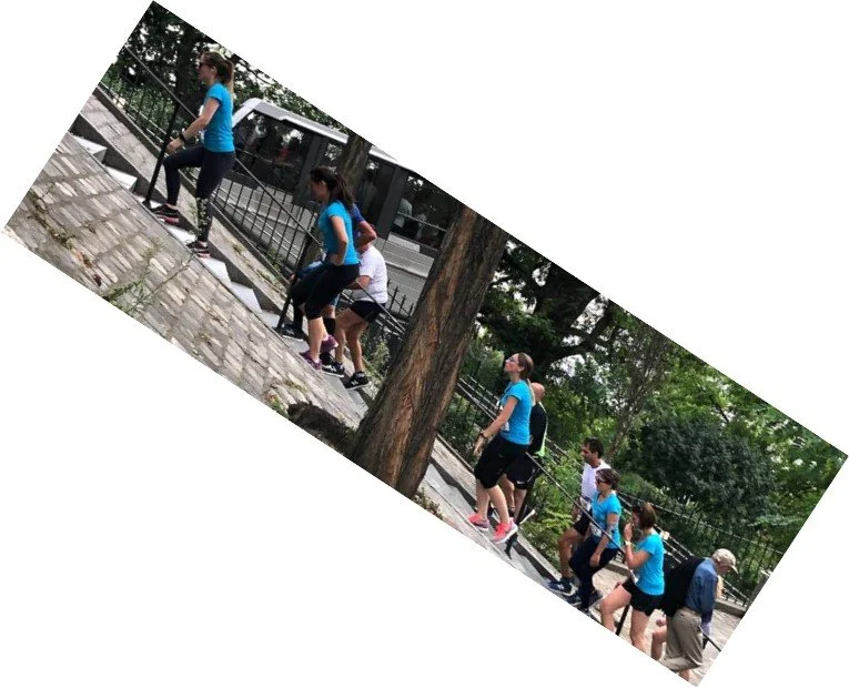 People ascending a stone staircase outdoors, some with backpacks, in a park with trees.