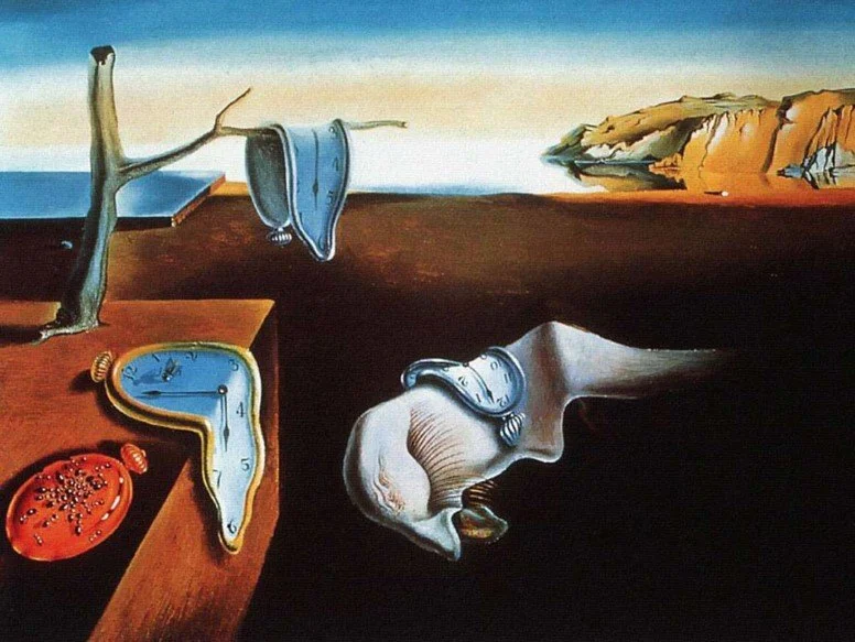 Surreal painting of melting clocks, a disintegrating tree branch, and a distorted landscape with cliffs and sky.